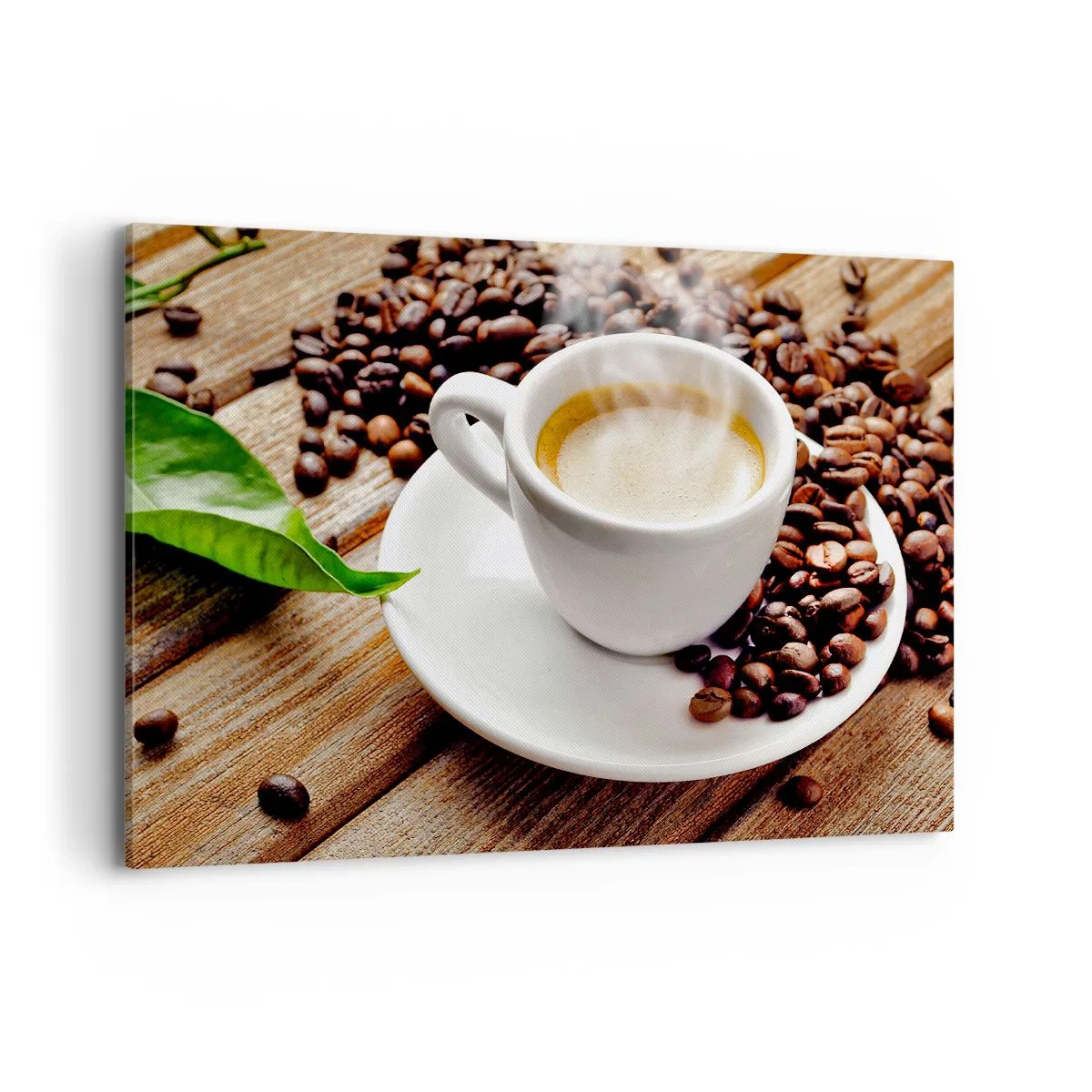 Quadro su tela - Stampe su Tela - Una tazza di caffè aromatico sullo sfondo di chicchi e una foglia - 100x70cm - Il caffè è pronto - Decorazione murale moderna per soggiorno e camera da letto ARTTOR