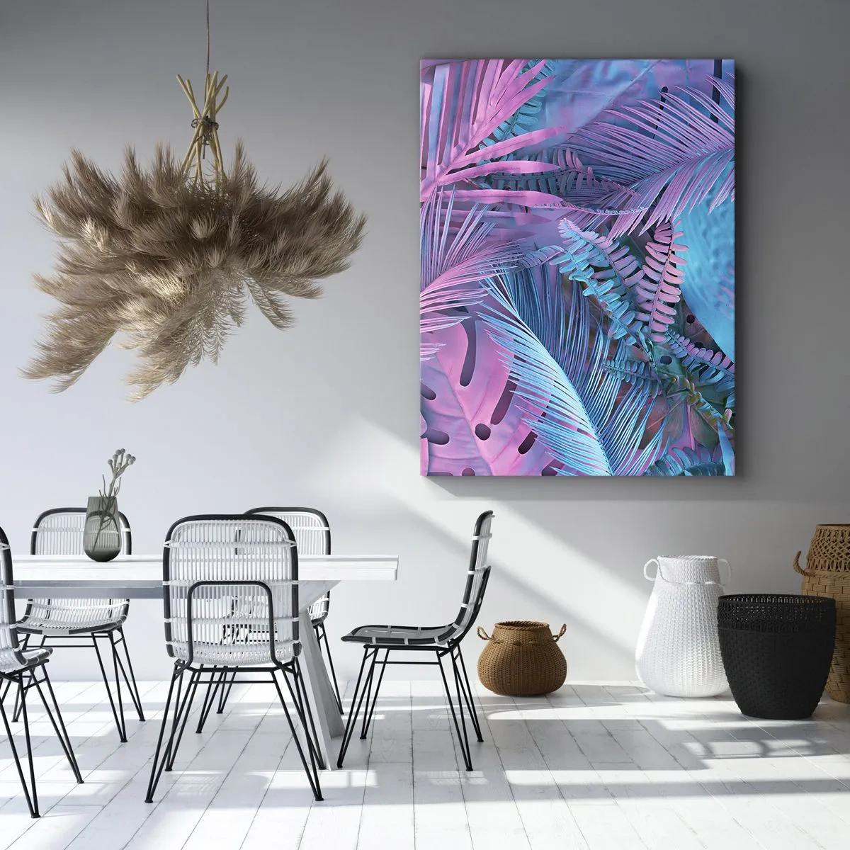 Quadro su tela - Stampe su Tela - Foglie tropicali nelle tonalità del rosa e del blu - 70x100cm - Tropici in rosa e blu - Decorazione murale moderna per soggiorno e camera da letto ARTTOR
