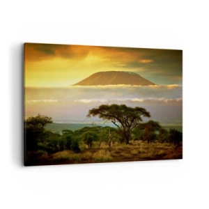 Quadro su tela - Stampe su Tela - Paesaggio africano con il Kilimangiaro all'alba - 120x80cm - Il sogno del viaggiatore - Decorazione murale moderna per soggiorno e camera da letto ARTTOR