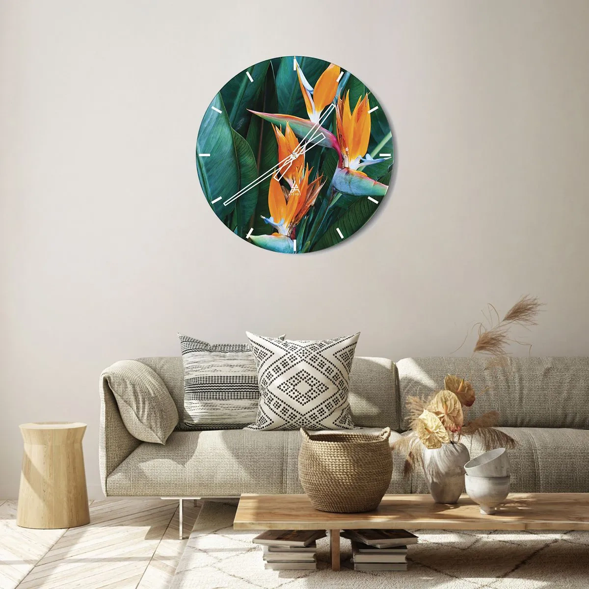 Orologio da parete - Orologio in Vetro - Fiori esotici di strelitzia su uno sfondo di foglie verdi - 30x30cm - È un fiore o un uccello? - Decorazione murale moderna per soggiorno, cucina e camera da letto ARTTOR
