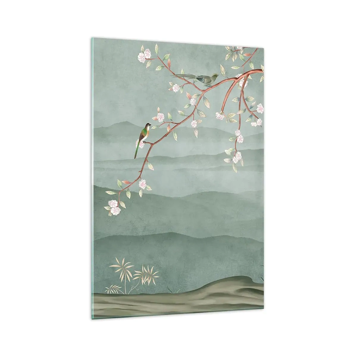 Quadro su vetro - Un'immagine pittoresca di un ramo di albero fiorito con uccelli sullo sfondo di verdi colline. - 70x100cm - Eccoti primavera - Decorazione murale moderna per soggiorno e camera da letto ARTTOR
