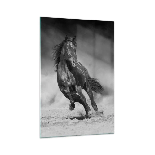 Quadro su vetro - Un cavallo bianco e nero che galoppa sulla sabbia - 70x100cm - Degno dell'emiro - Decorazione murale moderna per soggiorno e camera da letto ARTTOR