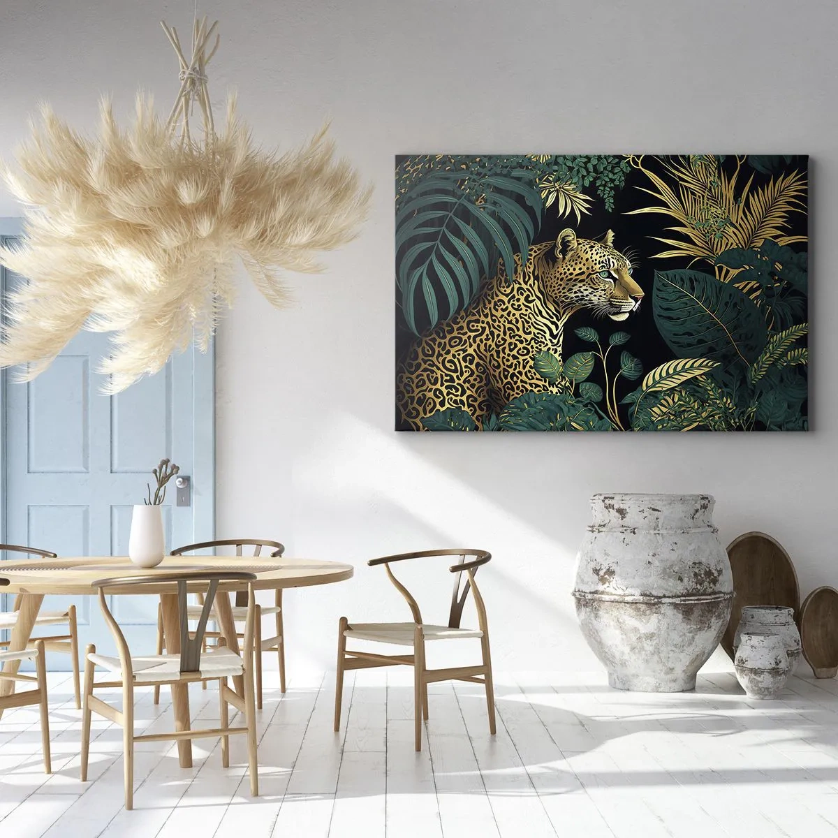 Quadro su tela - Stampe su Tela - Leopardo tra foglie tropicali su sfondo nero - 100x70cm - Il signore della giungla - Decorazione murale moderna per soggiorno e camera da letto ARTTOR