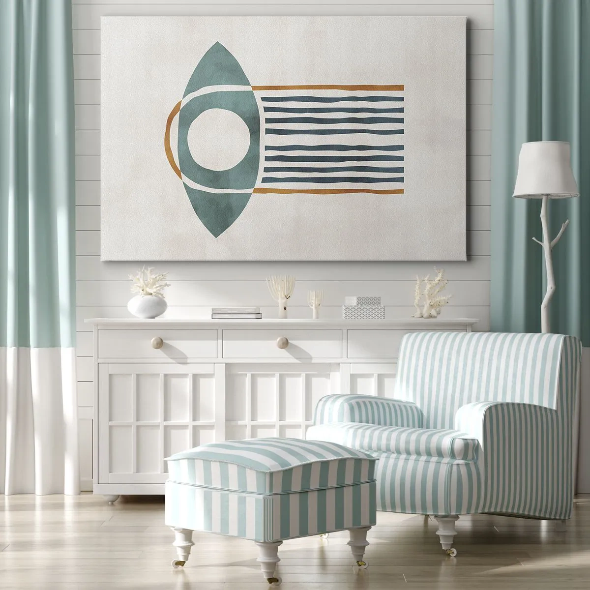 Quadro su tela - Stampe su Tela - Motivo geometrico nei toni del verde e dell'arancione - 70x50cm - Segni e rituali - Decorazione murale moderna per soggiorno e camera da letto ARTTOR