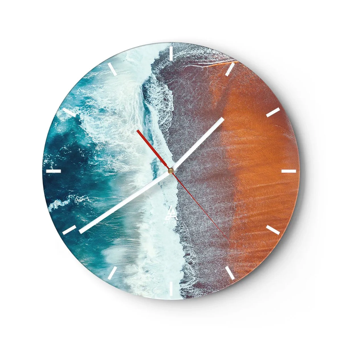 Orologio da parete - Orologio in Vetro - Vista aerea dell'oceano e della spiaggia arancione - 30x30cm - Il tocco dell'oceano - Decorazione murale moderna per soggiorno, cucina e camera da letto ARTTOR
