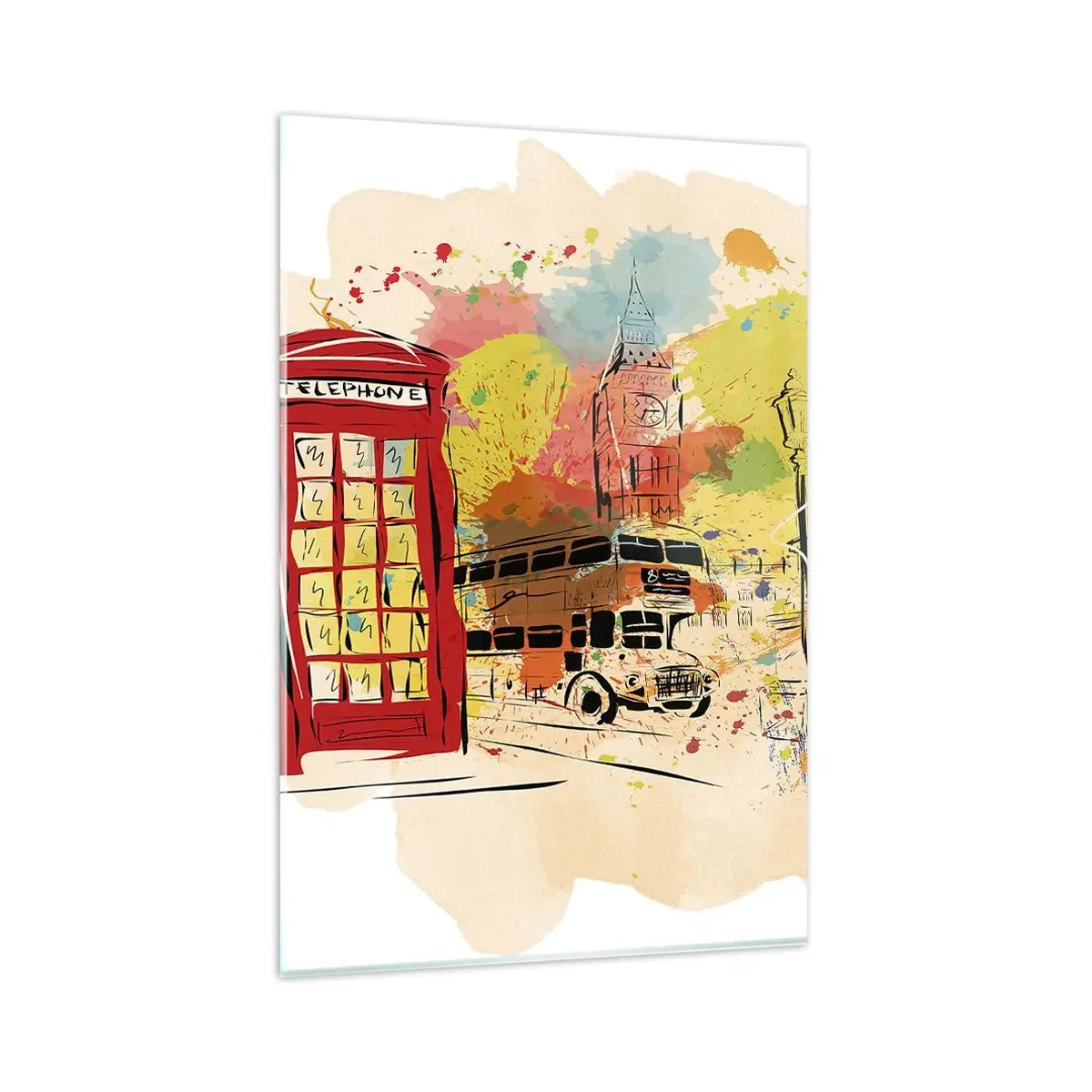 Quadro su vetro - Tema di Londra con autobus rosso e cabina - 80x120cm - La città della varietà - Decorazione murale moderna per soggiorno e camera da letto ARTTOR