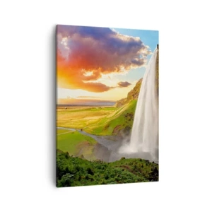 Quadro su tela - Stampe su Tela - Una cascata in un paesaggio pittoresco al tramonto - 50x70cm - Nel mezzo dell'estate islandese - Decorazione murale moderna per soggiorno e camera da letto ARTTOR