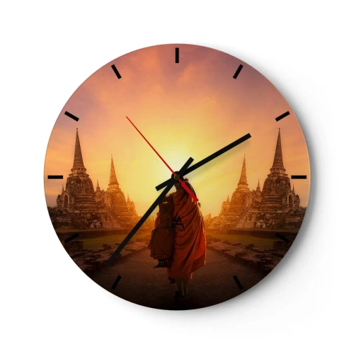 Orologio da parete - Orologio in Vetro - Un monaco in veste color zafferano circondato dai templi al tramonto - 30x30cm - In pace per l'eternità - Decorazione murale moderna per soggiorno, cucina e camera da letto ARTTOR