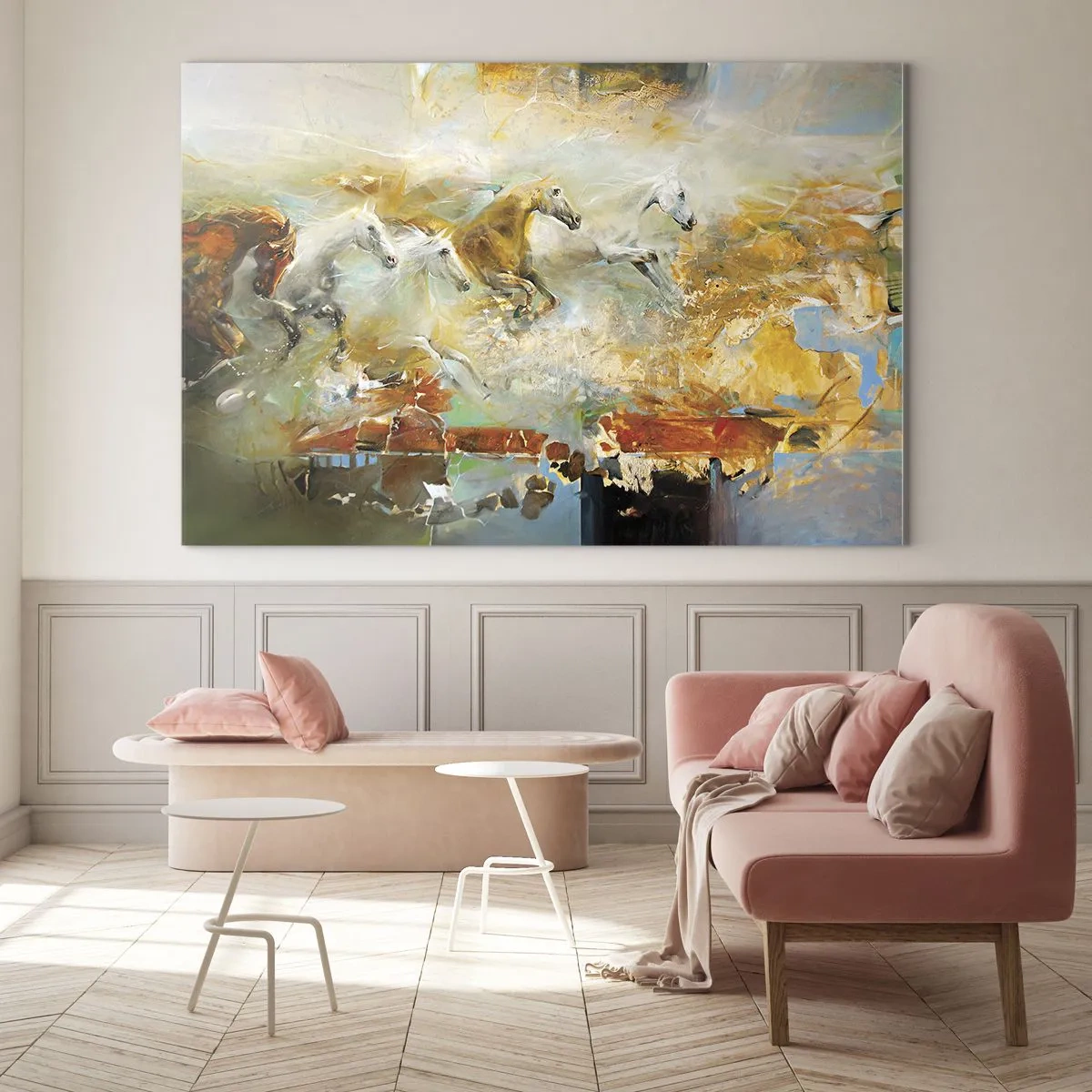 Quadro su vetro - Cavalli astratti in movimento dinamico - 70x50cm - Al galoppo attraverso la luce - Decorazione murale moderna per soggiorno e camera da letto ARTTOR