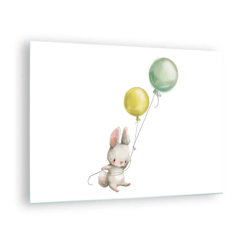 Quadro su vetro - Un coniglietto che tiene due palloncini - 70x50cm - Volo anch'io! - Decorazione murale moderna per soggiorno e camera da letto ARTTOR