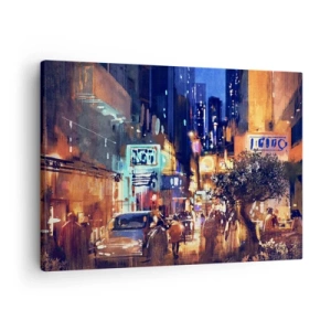 Quadro su tela - Stampe su Tela - Paesaggio urbano serale in stile impressionista - 70x50cm - Ma la città non dorme - Decorazione murale moderna per soggiorno e camera da letto ARTTOR