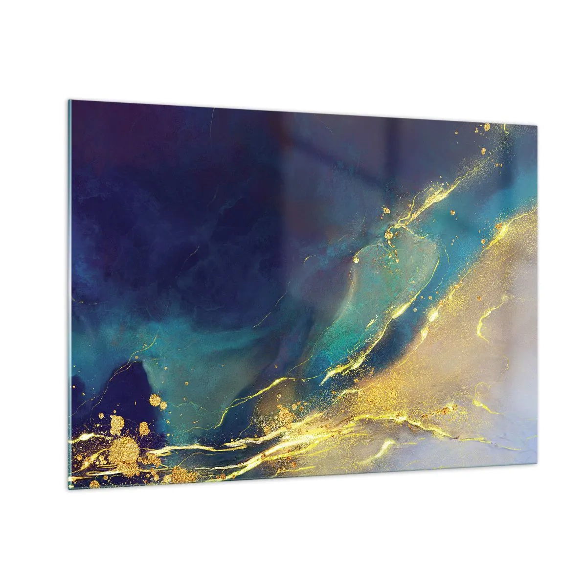 Quadro su vetro - Una composizione astratta nei toni del blu navy, turchese e oro - 100x70cm - La palude dorata - Decorazione murale moderna per soggiorno e camera da letto ARTTOR