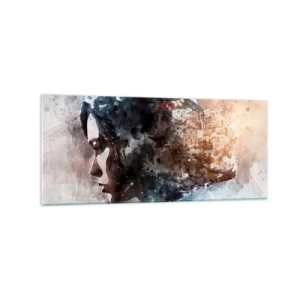 Quadro su vetro - Ritratto di una donna che combina il suo viso con un paesaggio urbano sullo sfondo - 120x50cm - Racconto su una ragazza con città sullo sfondo - Decorazione murale moderna per soggiorno e camera da letto ARTTOR
