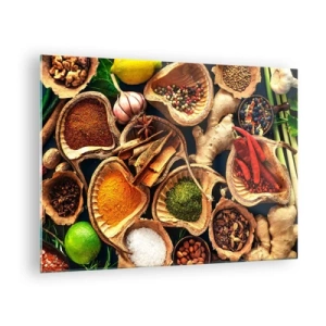 Quadro su vetro - Spezie colorate in contenitori naturali con additivi - 70x50cm - Prendi quello che vuoi - Decorazione murale moderna per soggiorno e camera da letto ARTTOR