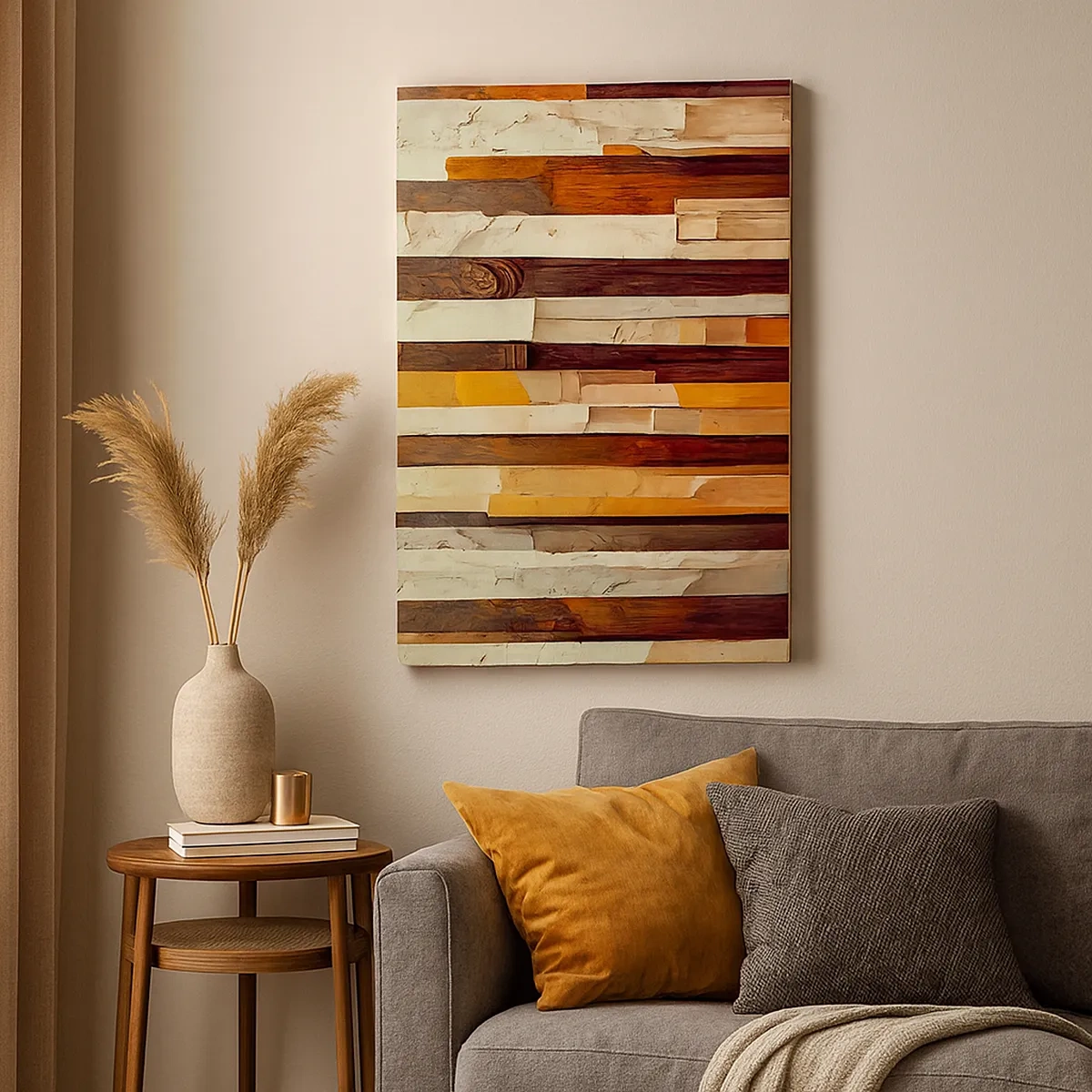 Quadro su tela - Stampe su Tela - Composizione geometrica nei toni del legno e dell'oro - 50x70cm - L'inno dei legni boschivi - Decorazione murale moderna per soggiorno e camera da letto ARTTOR