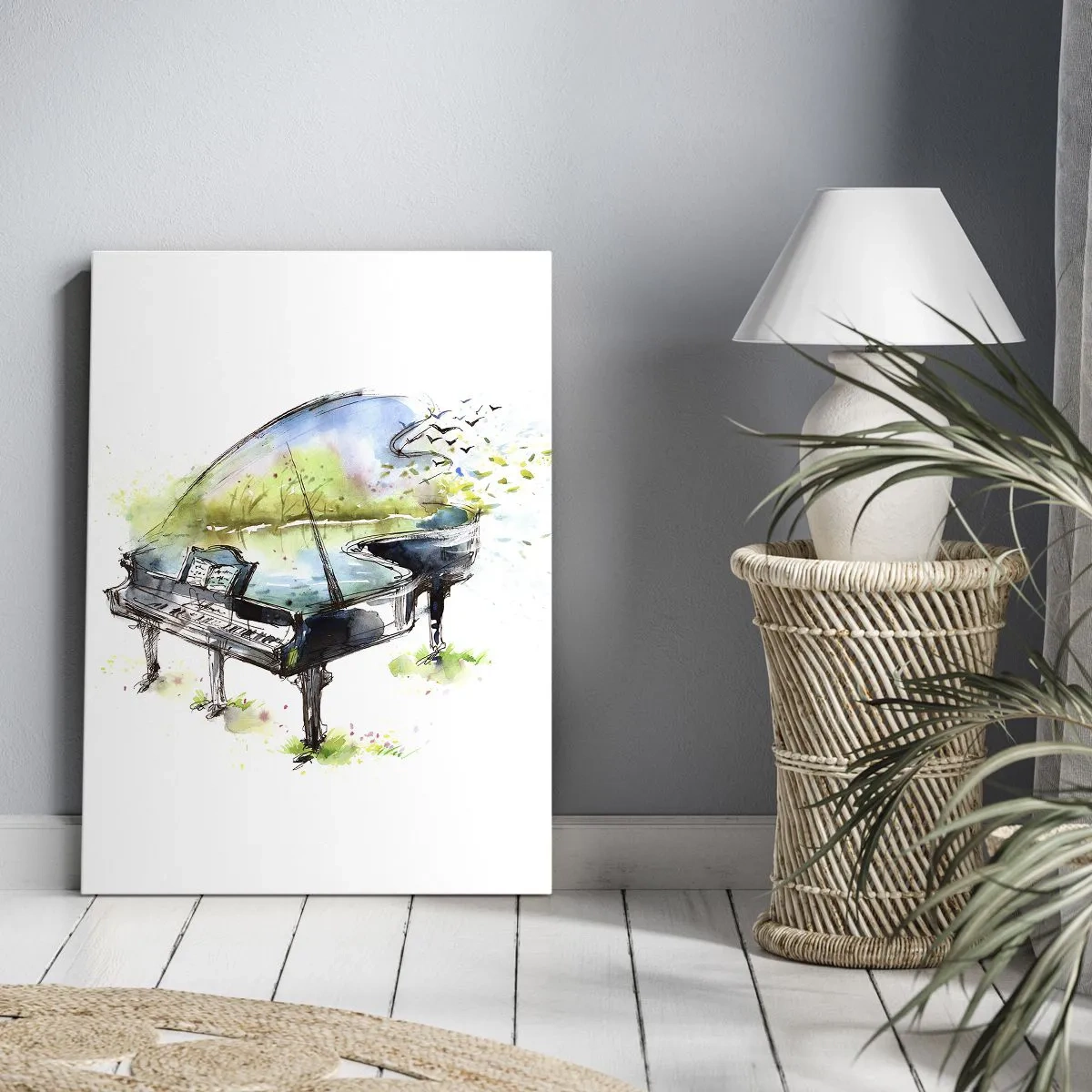 Quadro su tela - Stampe su Tela - Dipinto artistico ad acquerello di un pianoforte con la natura sullo sfondo - 80x120cm - Incantato nella musica - Decorazione murale moderna per soggiorno e camera da letto ARTTOR