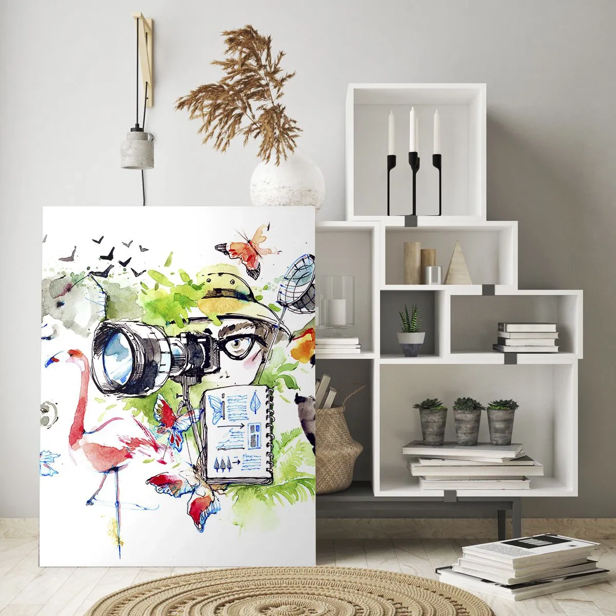 Quadro su vetro - Grafica colorata con temi naturalistici e safari - 80x120cm - Nell'obiettivo del viaggiatore - Decorazione murale moderna per soggiorno e camera da letto ARTTOR