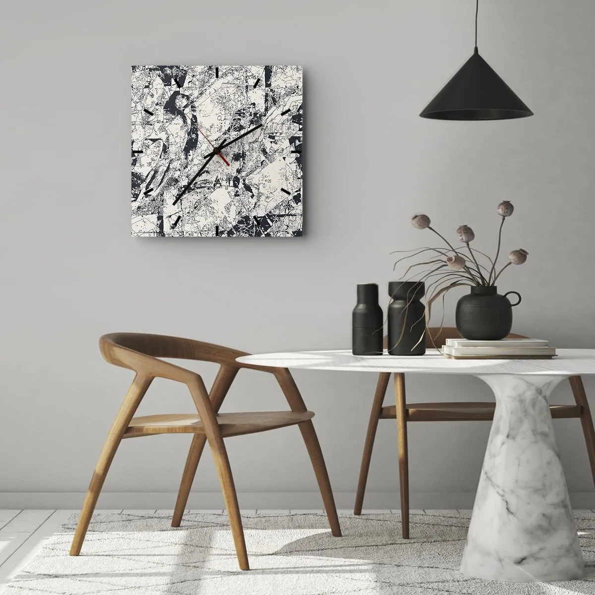 Orologio da parete - Orologio in Vetro - Composizione astratta in bianco e nero con un layout dinamico - 30x30cm - La compenetrazione degli opposti - Decorazione murale moderna per soggiorno e camera da letto ARTTOR
