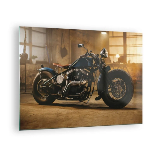 Quadro su vetro - Ripresa suggestiva di una motocicletta classica in un garage - 70x50cm - Posso tutto - Decorazione murale moderna per soggiorno e camera da letto ARTTOR