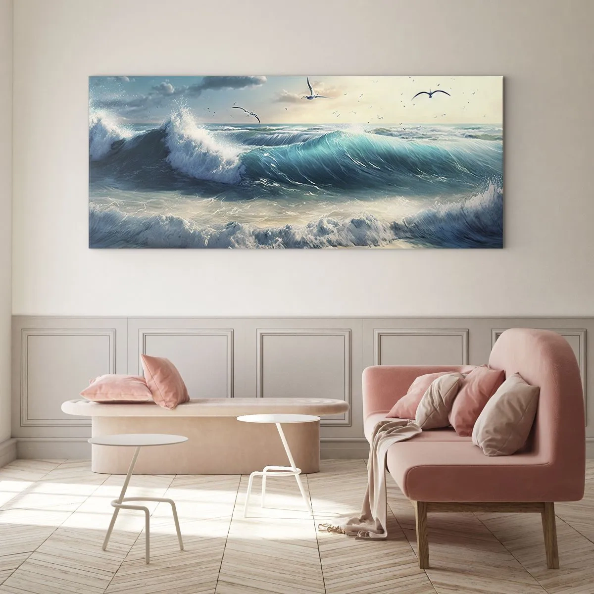 Quadro su vetro - Onde del mare sulla spiaggia sotto un cielo azzurro con gabbiani - 120x50cm - Mormora solo per te - Decorazione murale moderna per soggiorno e camera da letto ARTTOR