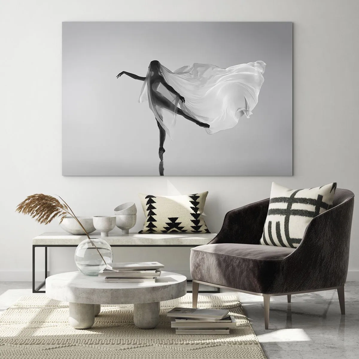 Quadro su vetro - Silhouette di una ballerina con un velo fluttuante in movimento - 120x80cm - Leggerezza ed eleganza - Decorazione murale moderna per soggiorno e camera da letto ARTTOR