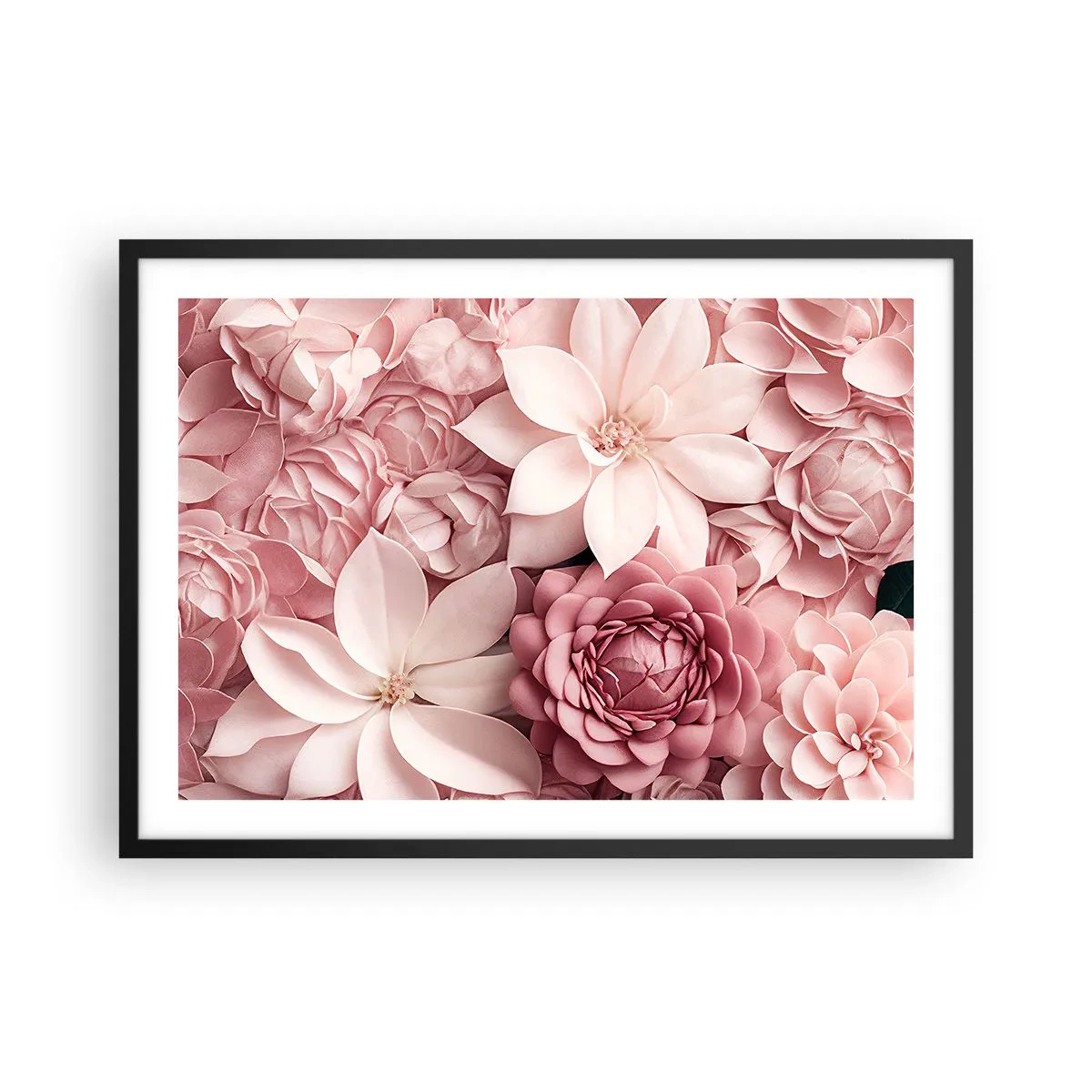 Poster in cornice nera - Fiori nelle tonalità del rosa e del bianco in un approccio artistico - 70x50cm - Nei petali di rosa - Decorazione murale moderna per soggiorno e camera da letto ARTTOR