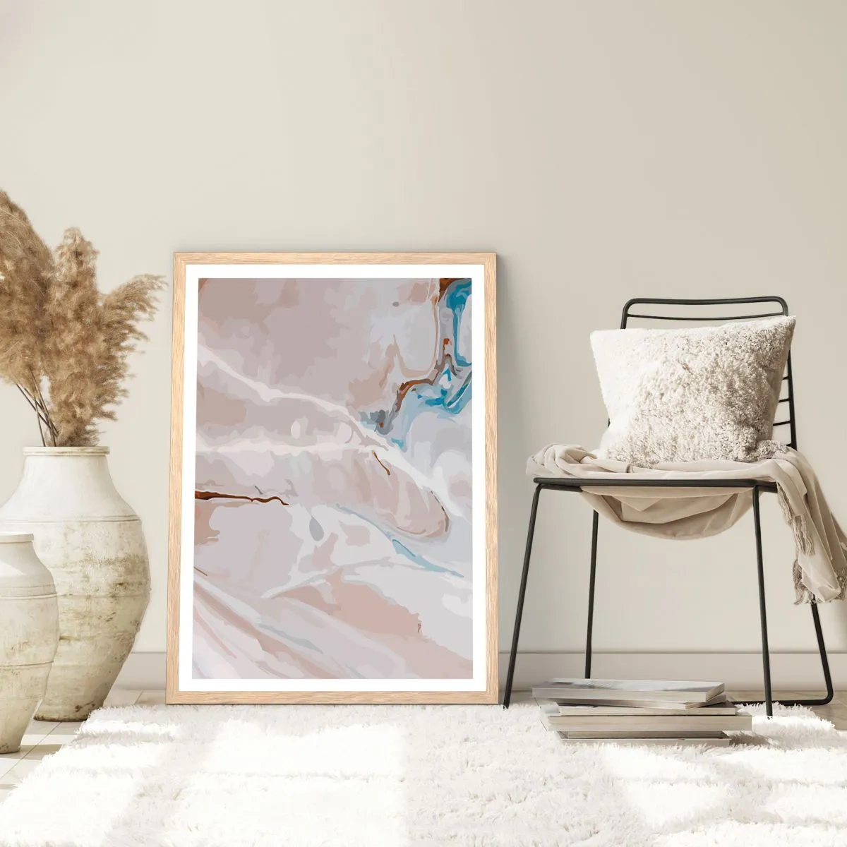 Poster in cornice rovere chiaro - Meandri blu sotto il bianco - 70x100 cm
