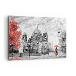 Quadro su tela - Stampe su Tela - Scena in bianco e nero con Berlino, un ombrello rosso e un albero - 120x80cm - Incontro a Berlino - Decorazione murale moderna per soggiorno e camera da letto ARTTOR