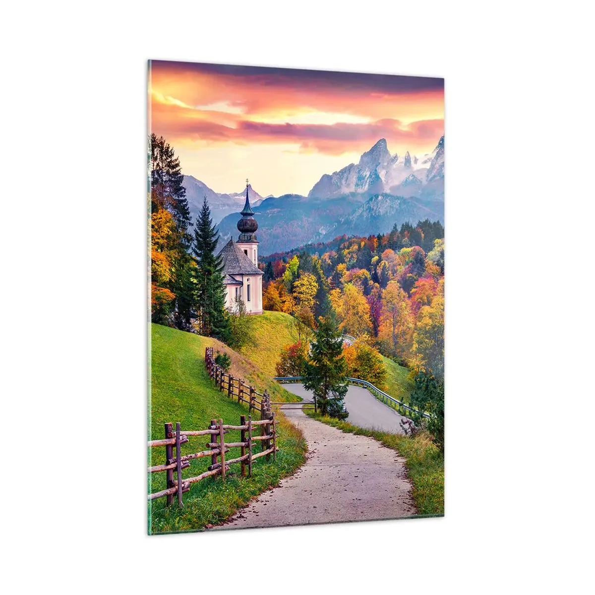 Quadro su vetro - Paesaggio montano autunnale con una chiesa e una strada che attraversa le colline - 50x70cm - Un paesaggio come dipinto - Decorazione murale moderna per soggiorno e camera da letto ARTTOR