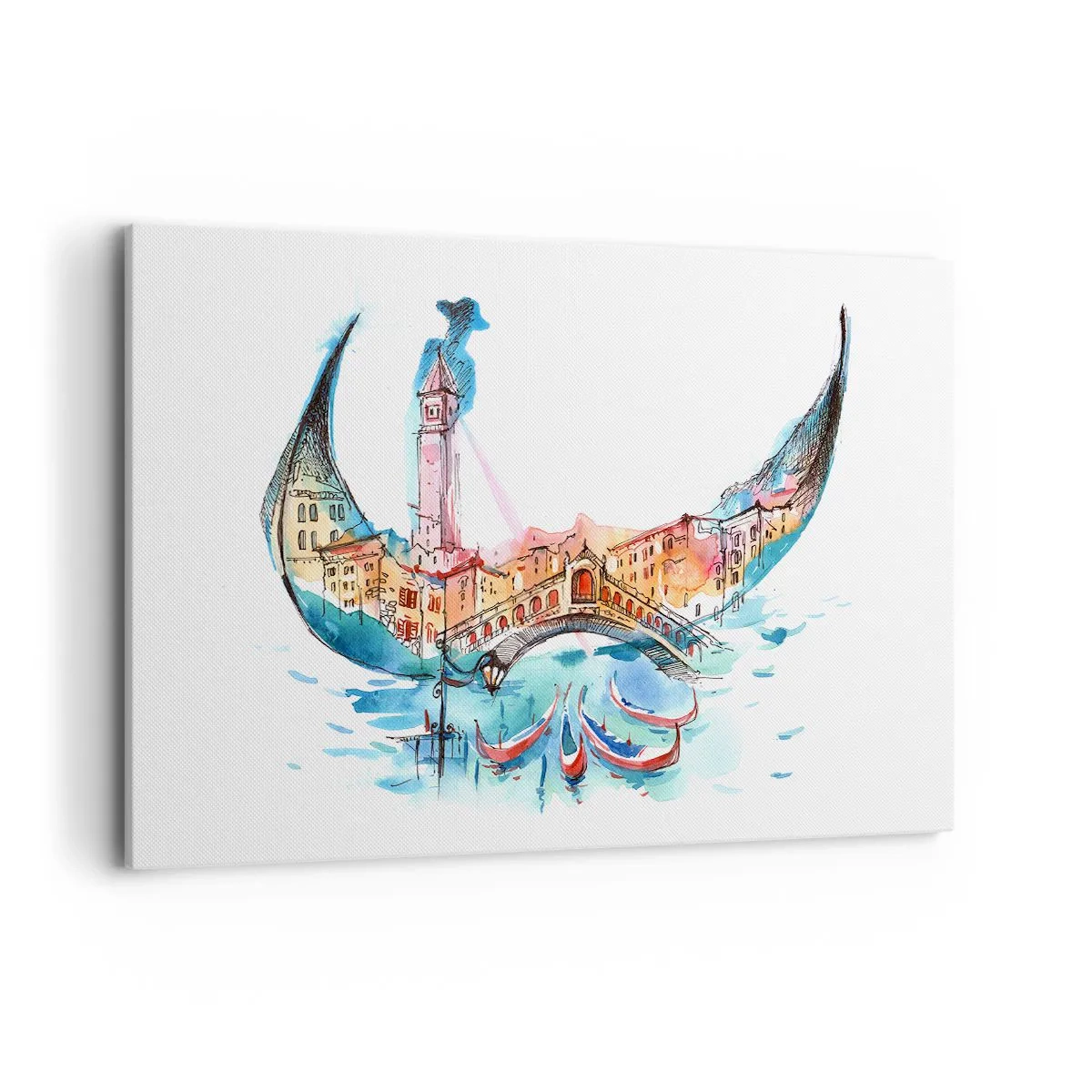 Quadro su tela - Stampe su Tela - Una composizione ad acquerello di Venezia a forma di gondola - 120x80cm - Navighiamo dentro la città - Decorazione murale moderna per soggiorno e camera da letto ARTTOR