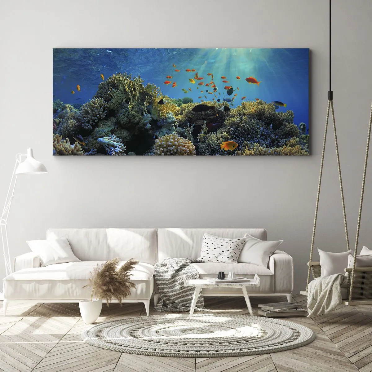 Quadro su tela - Stampe su Tela - Barriera corallina con pesci sotto i raggi del sole sott'acqua - 120x50cm - Tesori sotto al mare - Decorazione murale moderna per soggiorno e camera da letto ARTTOR