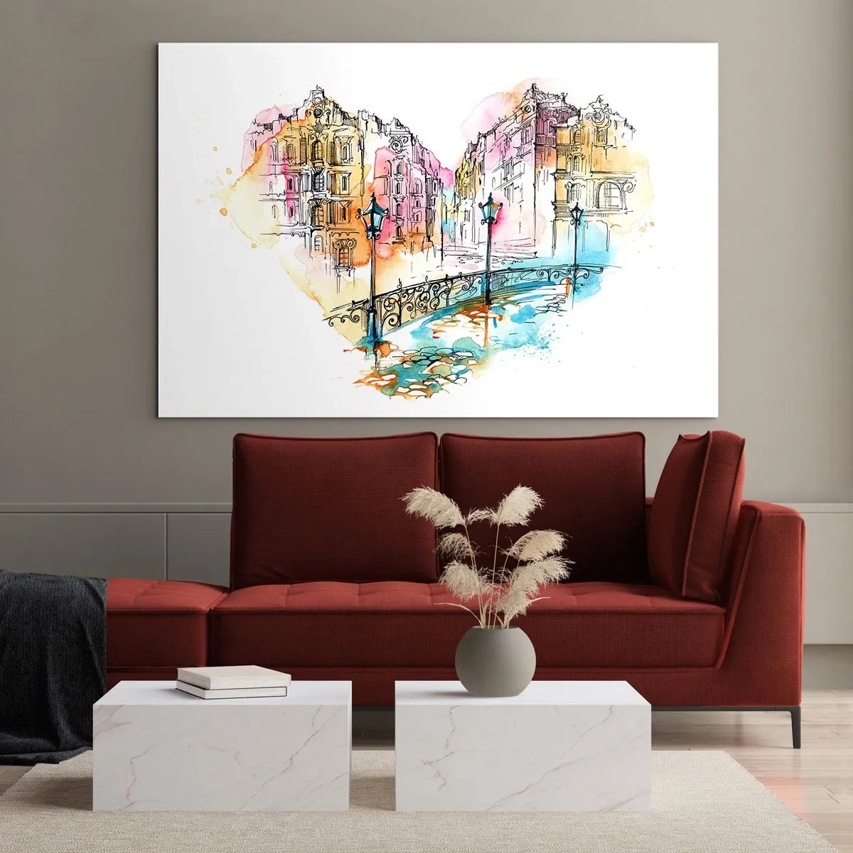 Quadro su vetro - Romantiche case popolari con un ponte a forma di cuore, acquerello - 70x50cm - Il cuore della città - Decorazione murale moderna per soggiorno e camera da letto ARTTOR