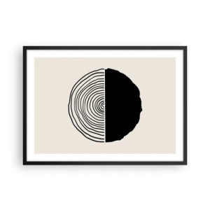 Poster in cornice nera - Un motivo astratto in bianco e nero ispirato a una sezione trasversale di legno con una divisione geometrica. - 70x50cm - A metà - Decorazione murale moderna per soggiorno e camera da letto ARTTOR