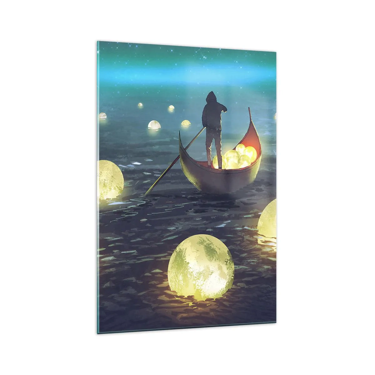 Quadro su vetro - Una figura in una barca circondata da sfere luminose sull'acqua - 70x100cm - Cose che neanche i filosofi hanno sognato - Decorazione murale moderna per soggiorno e camera da letto ARTTOR