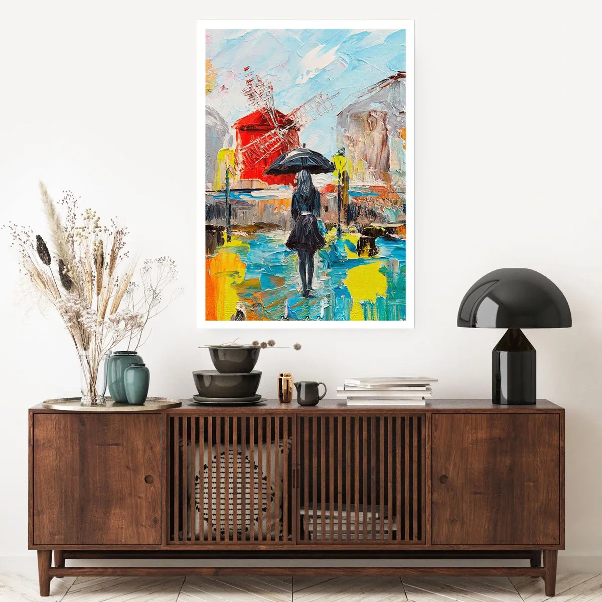 Poster - Una donna con un ombrello sullo sfondo di una città sotto la pioggia - 50x70cm - Leggende di Parigi - Decorazione murale moderna per soggiorno e camera da letto ARTTOR