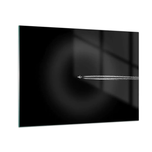 Quadro su vetro - Un aereo a reazione su uno sfondo nero con una scia di condensazione - 70x50cm - In un'altra dimensione - Decorazione murale moderna per soggiorno e camera da letto ARTTOR