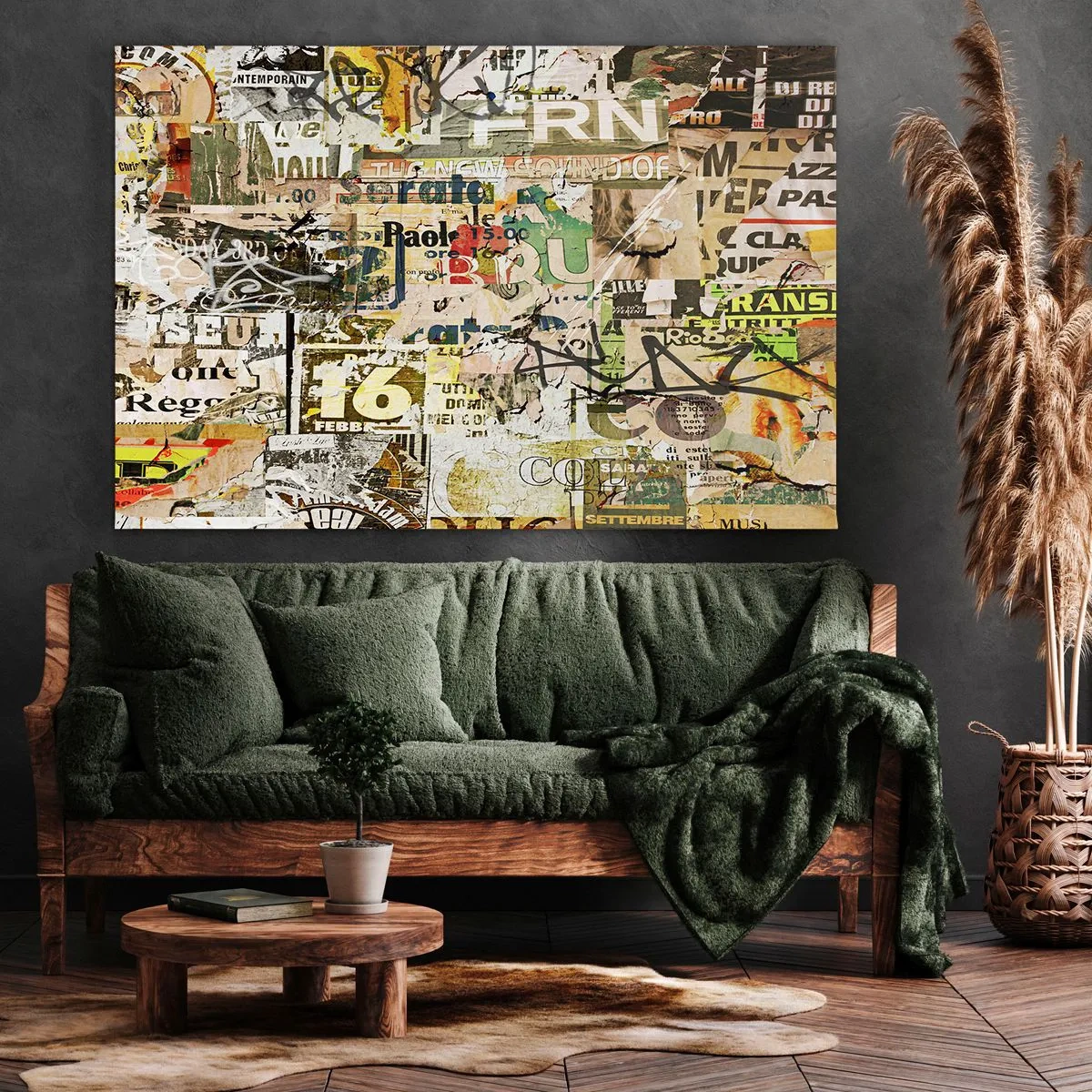 Quadro su tela - Stampe su Tela - Un collage di frammenti di giornali e manifesti in stile artistico. - 120x80cm - Qualcosa sta succedendo… - Decorazione murale moderna per soggiorno e camera da letto ARTTOR