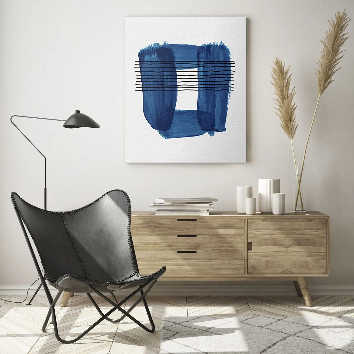 Quadro su vetro - Motivo astratto nei toni del blu con linee nere - 70x100cm - Composizione blu e nera - Decorazione murale moderna per soggiorno e camera da letto ARTTOR