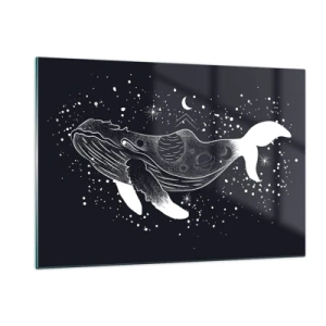 Quadro su vetro - Silhouette bianca grafica di una balena che fluttua nello spazio - 120x80cm - Nell'oceano dell'universo - Decorazione murale moderna per soggiorno e camera da letto ARTTOR