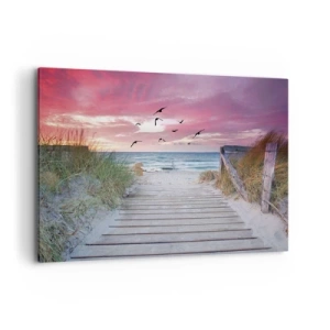 Quadro su tela - Stampe su Tela - Sentiero in legno sulla spiaggia al tramonto rosa - 100x70cm - Impressioni baltiche - Decorazione murale moderna per soggiorno e camera da letto ARTTOR