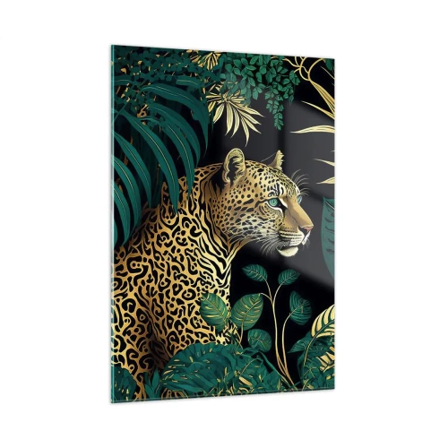Quadro su vetro - Un leopardo tra foglie tropicali su uno sfondo scuro - 50x70cm - Il signore della giungla - Decorazione murale moderna per soggiorno e camera da letto ARTTOR