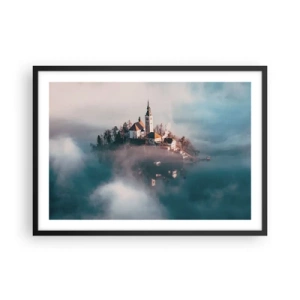 Poster in cornice nera - Un'isola pittoresca con una chiesa circondata dalla nebbia - 70x50cm - L'isola dei sogni - Decorazione murale moderna per soggiorno e camera da letto ARTTOR