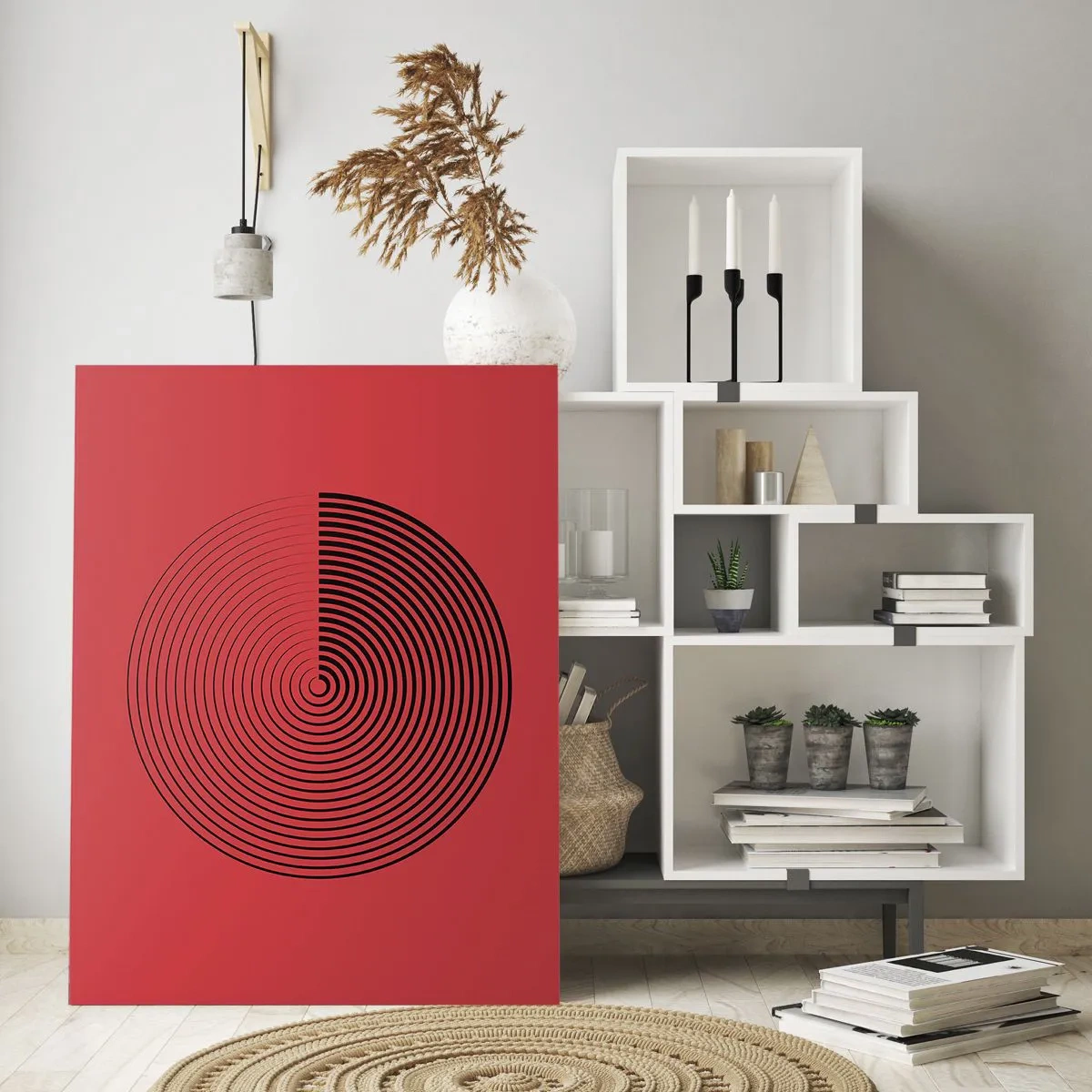 Quadro su vetro - Cerchi concentrici su sfondo rosso - 70x100cm - Movimento circolare - Decorazione murale moderna per soggiorno e camera da letto ARTTOR