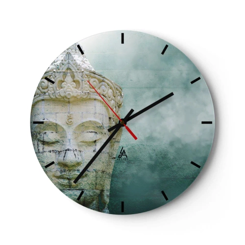 Orologio da parete - Orologio in Vetro - Il volto di pietra del Buddha contro la nebbia verde - 30x30cm - Cercando la luce - Decorazione murale moderna per soggiorno, cucina e camera da letto ARTTOR