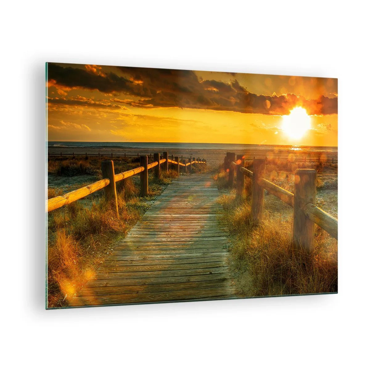 Quadro su vetro - Un sentiero in legno che conduce verso il tramonto - 70x50cm - Immerse nell'oro vecchio - Decorazione murale moderna per soggiorno e camera da letto ARTTOR