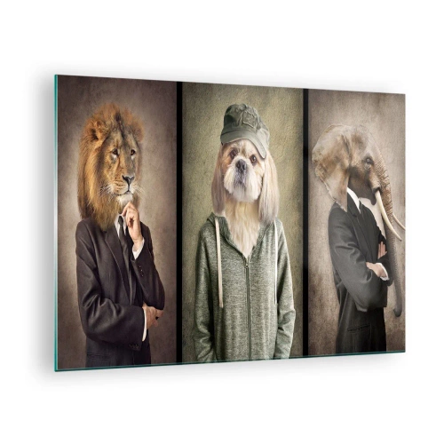 Quadro su vetro - Tre animali in vari stili, dall'elegante al casual - 70x50cm - Preferisco casual - Decorazione murale moderna per soggiorno e camera da letto ARTTOR