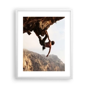 Poster in cornice bianca - Il mondo ristretto in una mano sul bordo del masso - 40x50 cm