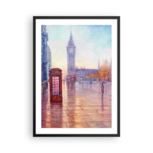 Poster in cornice nera - Il Big Ben e la cabina telefonica rossa in una giornata piovosa - 50x70cm - Giorno d'autunno a Londra - Decorazione murale moderna per soggiorno e camera da letto ARTTOR