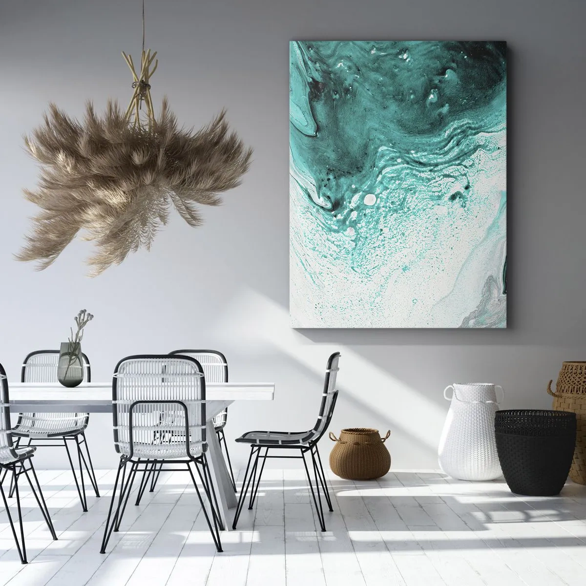 Quadro su tela - Stampe su Tela - Composizione astratta in tonalità turchesi su sfondo bianco - 50x70cm - Sciogliendosi nel bianco e nel turchese - Decorazione murale moderna per soggiorno e camera da letto ARTTOR