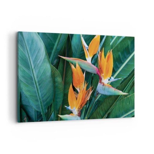 Quadro su tela - Stampe su Tela - Fiori esotici di strelitzia circondati da foglie verdi - 100x70cm - È un fiore o un uccello? - Decorazione murale moderna per soggiorno e camera da letto ARTTOR